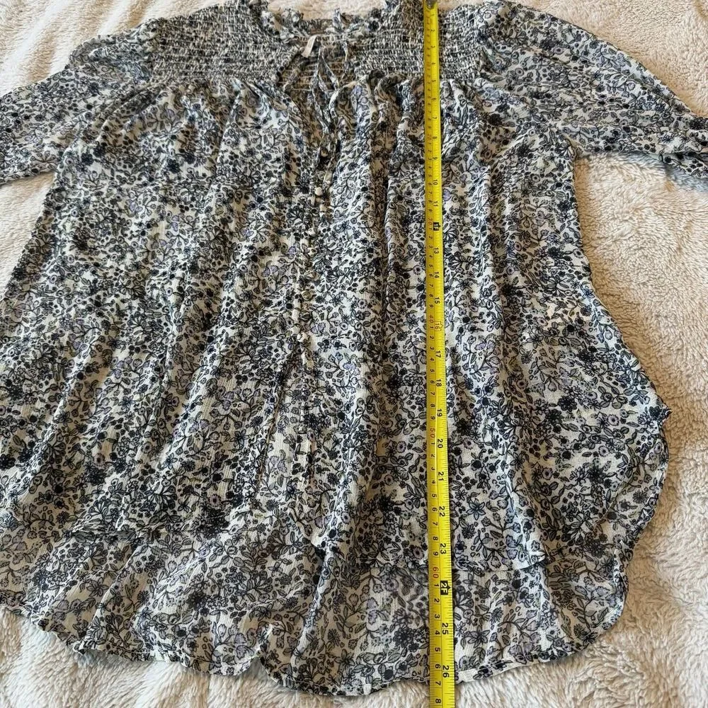 Free People Long Sleeve Floral Smocked Blouse Blue Size M Boho Summer Top